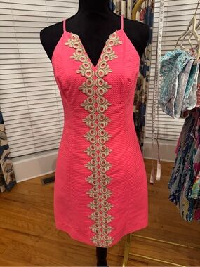 Lilly Pulitzer Pearl Bungalow Pink Metallic Gold Lace Shift Dress